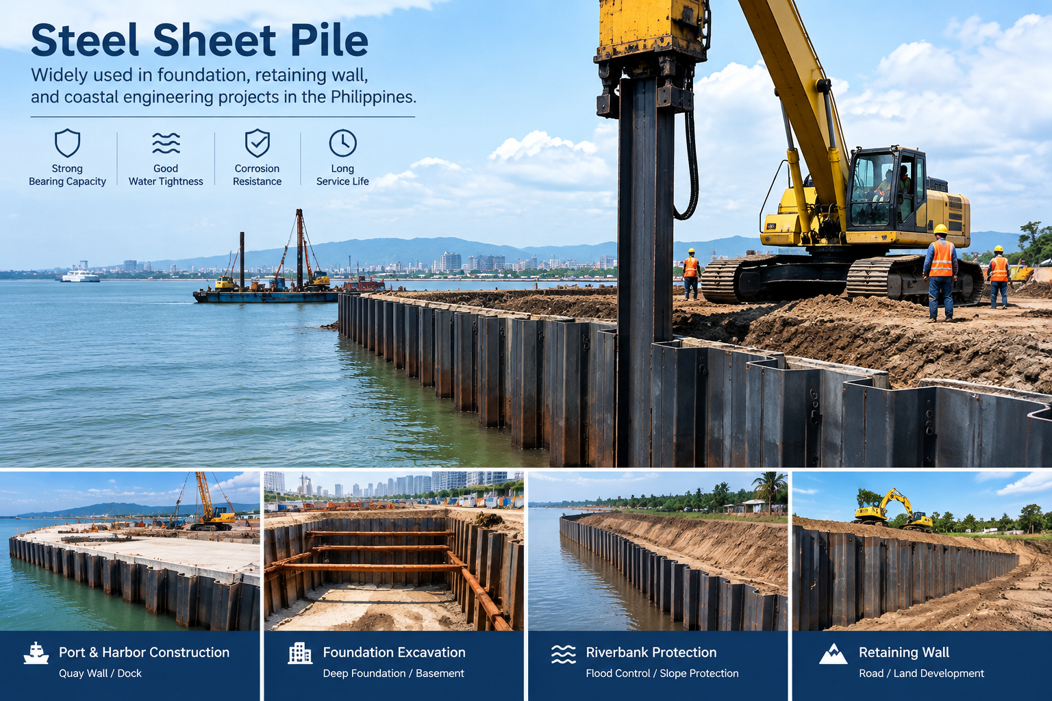SP-III Steel Sheet Piles Applied in Foundation Excavation Shoring, Retaining Walls, Riverbank Revetment and Port Harbor Construction
