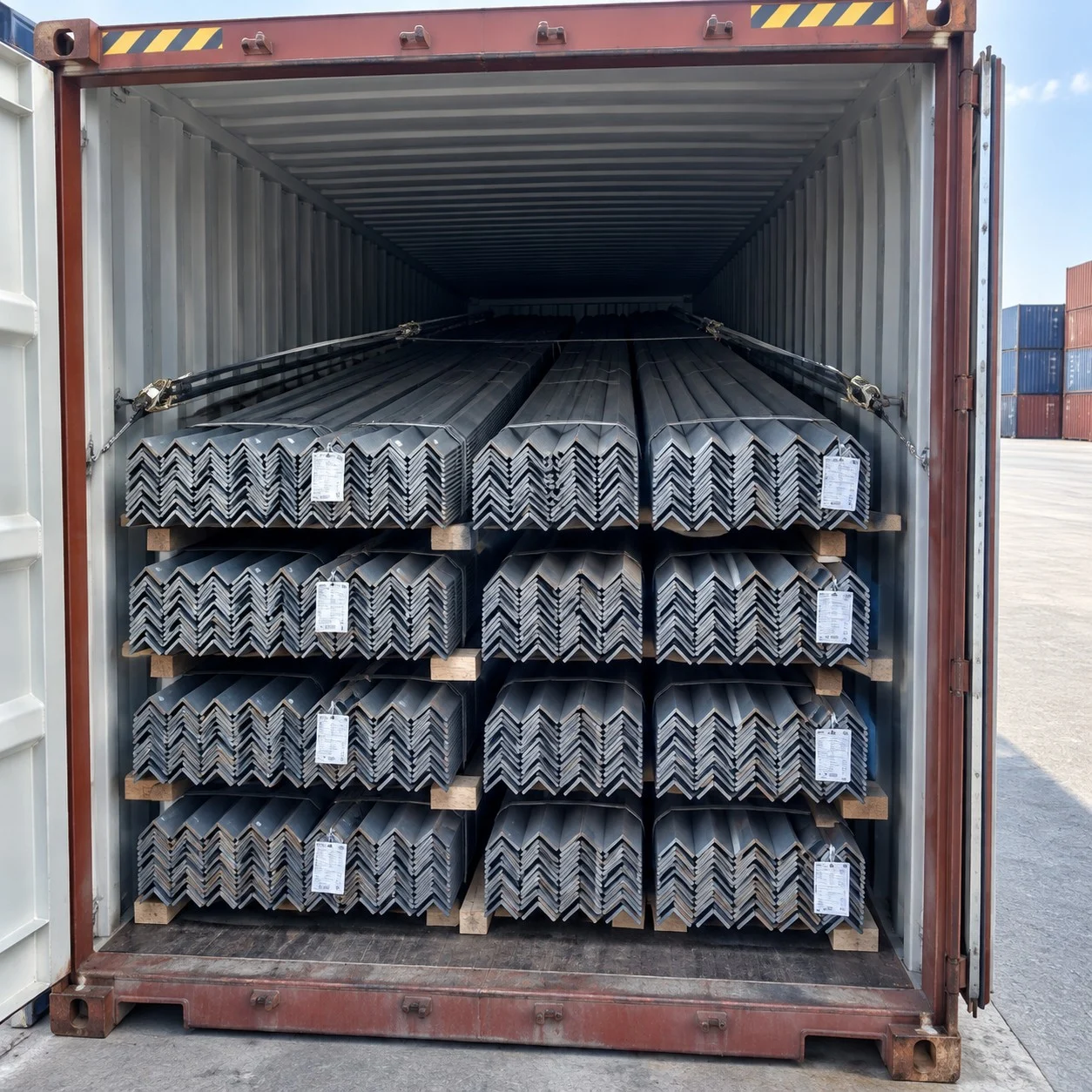 Steel Angle Bundles Loaded in Shipping Container with Wooden Dunnage