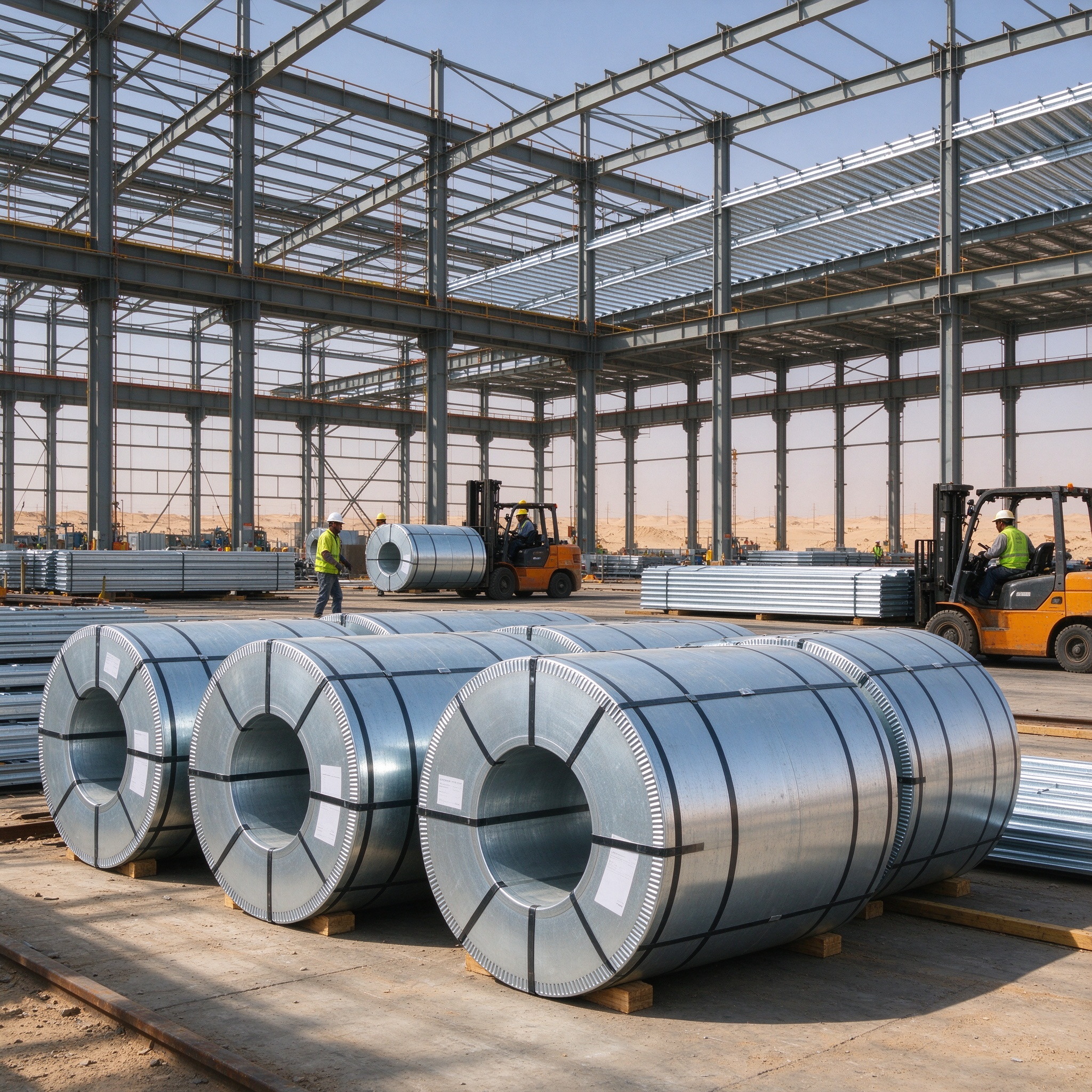 Galvanized Steel Coils and Corrugated Roofing Sheets on Construction Site