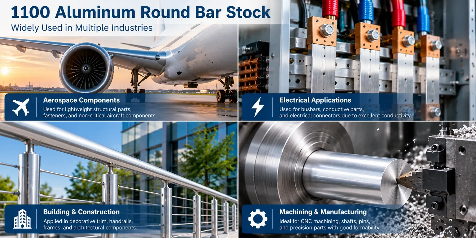 1100 Aluminum Round Bar Stock applications in aerospace, electrical components, construction and fabrication