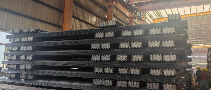 Neatly Stacked and Strapped 63x63x6mm Equal Angle Steel Bundles in Mill Storage Warehouse