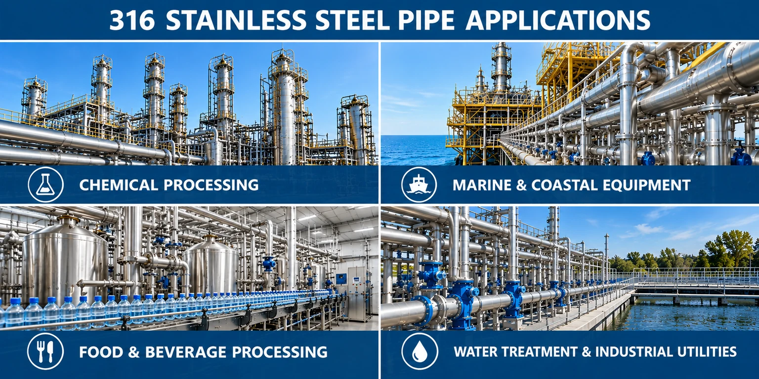 316 stainless steel pipe applications in chemical processing, marine and coastal equipment, food and beverage processing, and water treatment
