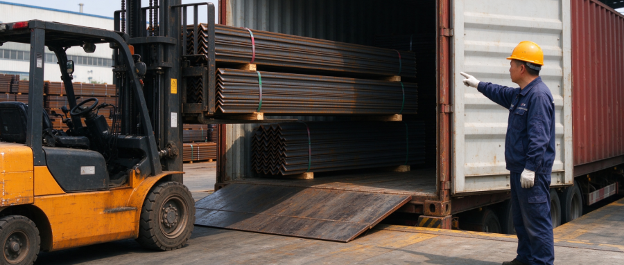 Forklift Loading 63x40x6mm Unequal Angle Steel Bundles into Shipping Container