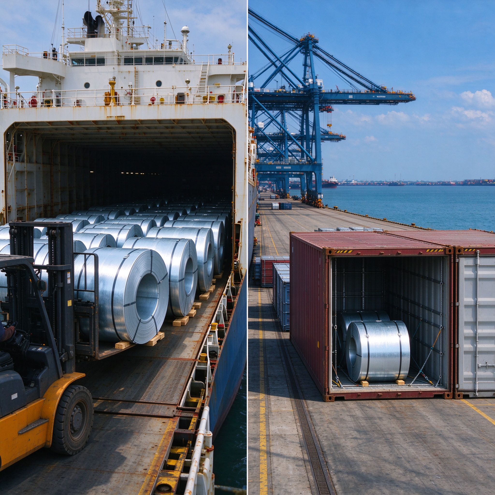 Galvanized Steel Coils Loaded in Vessel Cargo Hold and Shipping Containers