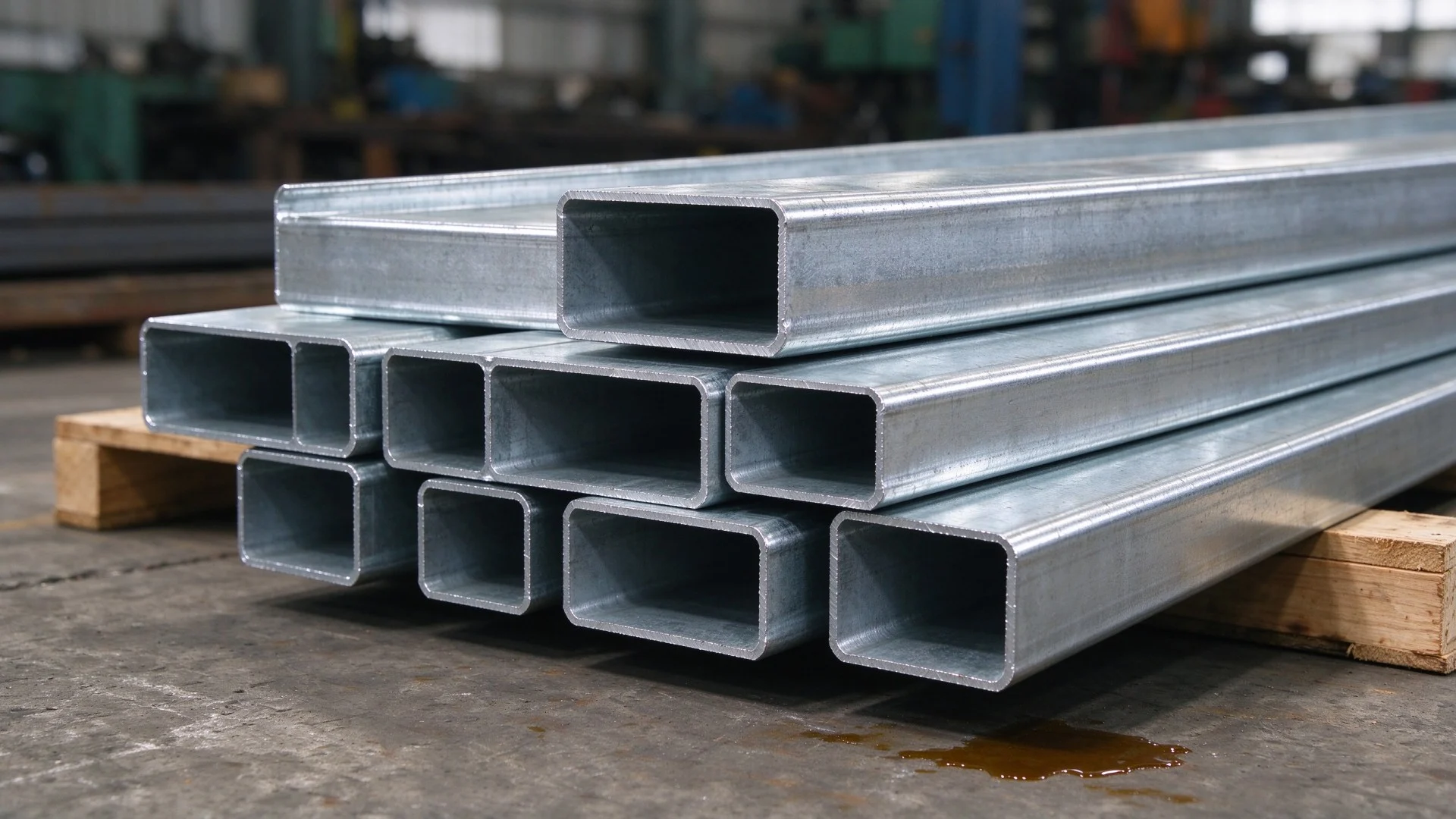 Galvanized Rectangular Steel Tubes Stacked in Workshop