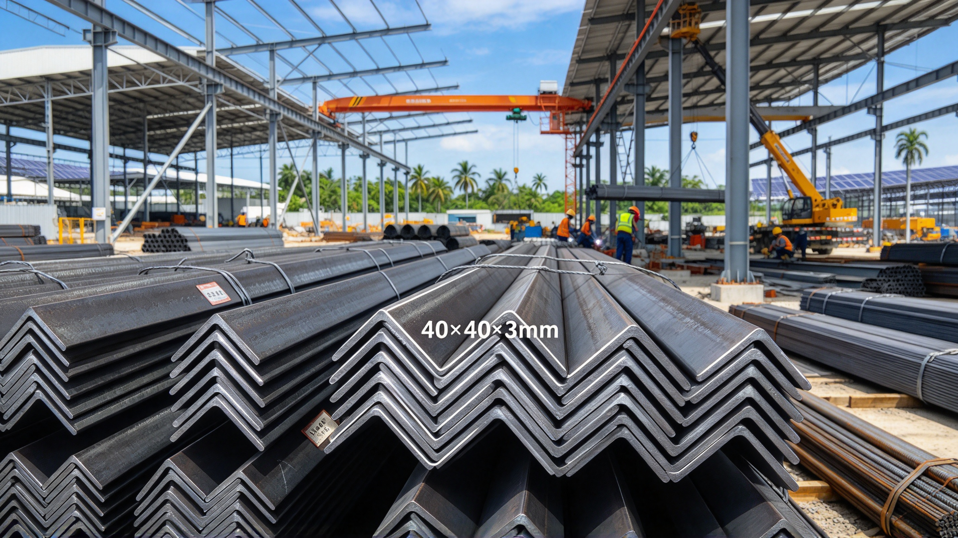 40x40x3mm Equal Angle Steel Bundles at Industrial Pre-Engineered Building Construction Site