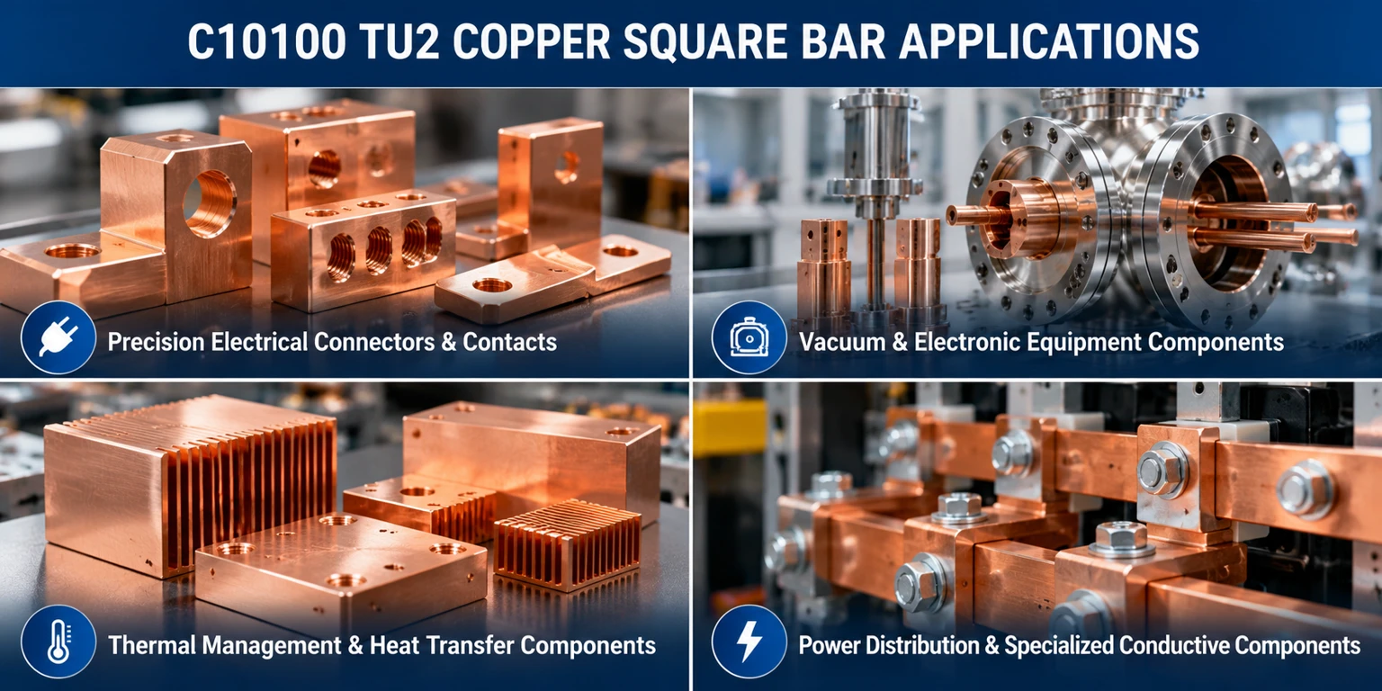 C10100 TU2 oxygen-free copper square bar applications in precision electrical connectors, vacuum equipment, thermal management and power distribution