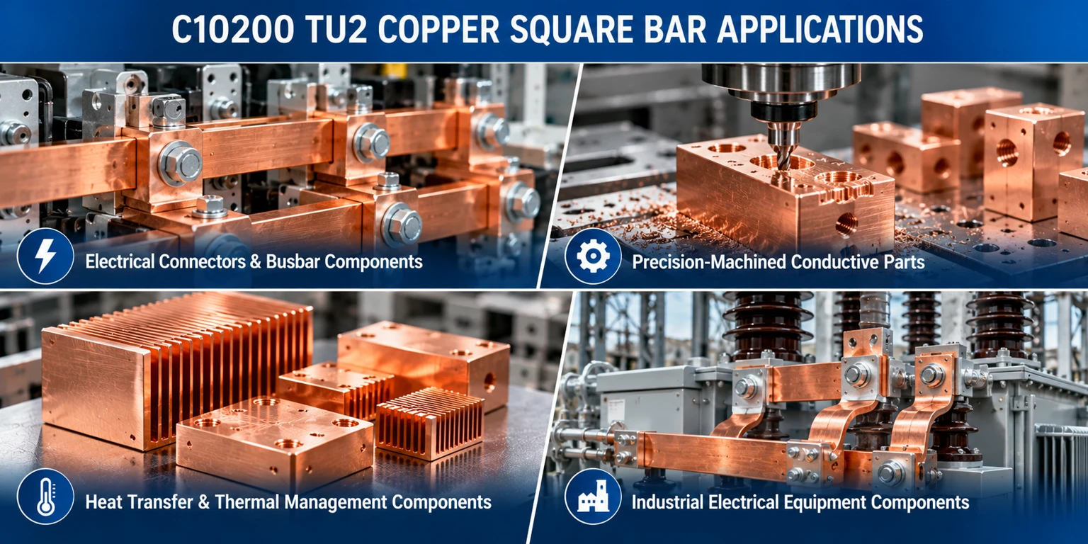 C10200 TU2 oxygen-free copper square bar applications in electrical connectors, precision machining, thermal management and industrial electrical equipment