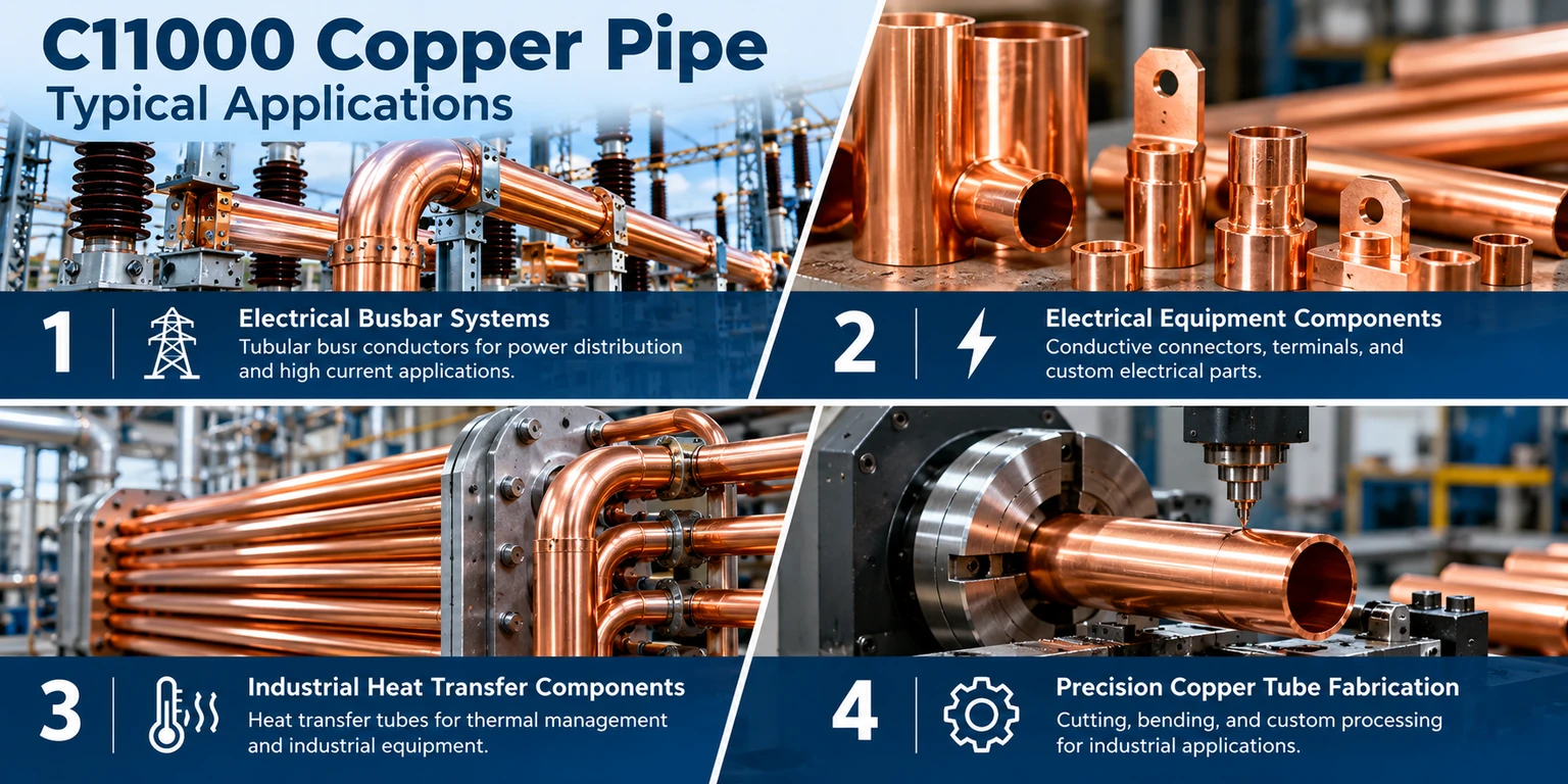 C11000 copper pipe applications in electrical busbar systems, electrical equipment components, industrial heat transfer, and precision copper tube fabrication