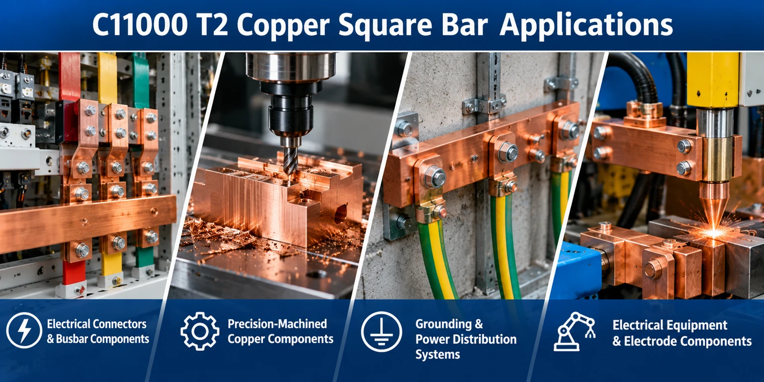 C11000 T2 copper square bar applications in electrical connectors, CNC machining, grounding systems and electrode components