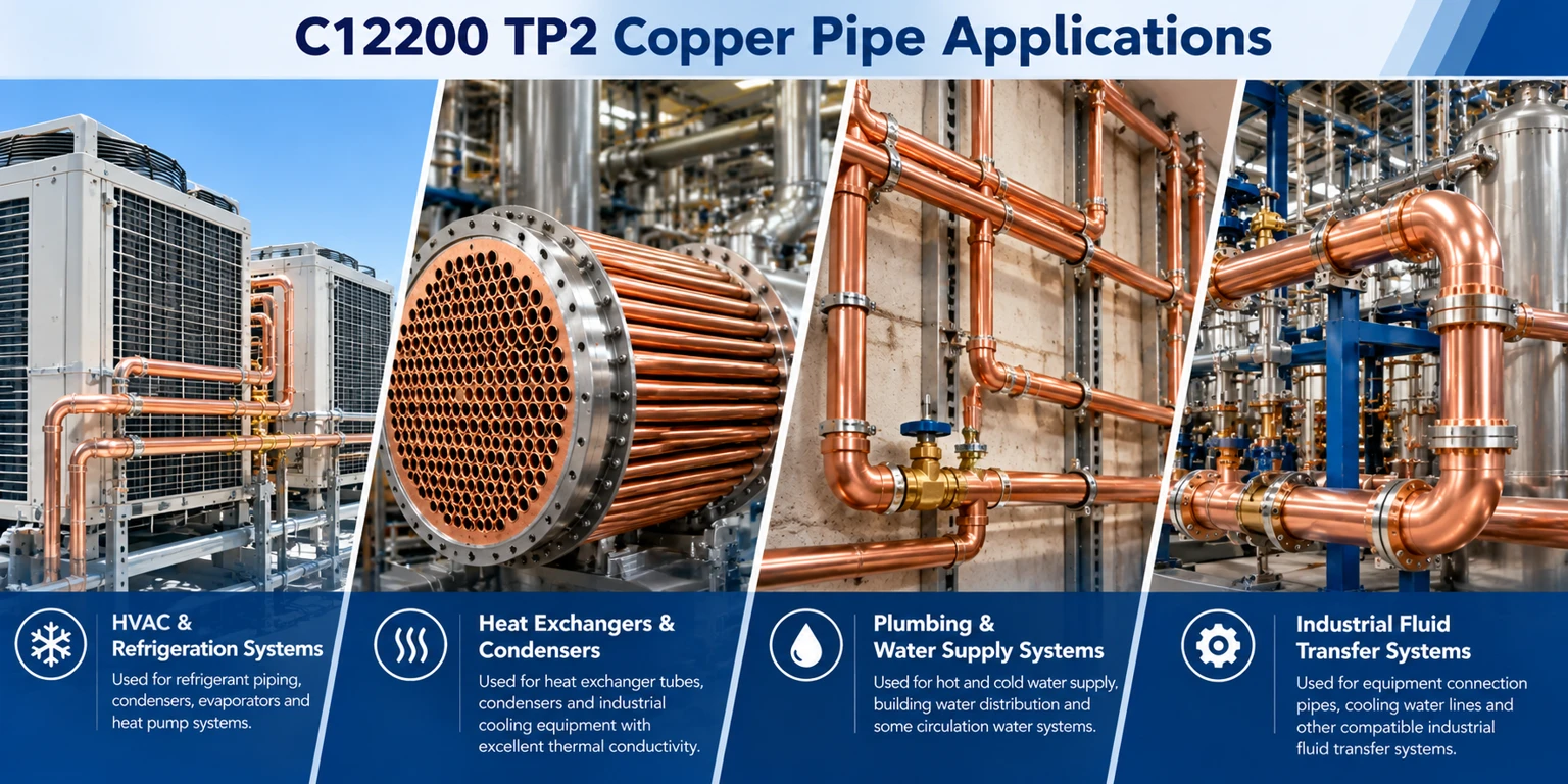 C12200 TP2 copper pipe applications: HVAC and refrigeration, heat exchangers, plumbing and industrial fluid transfer