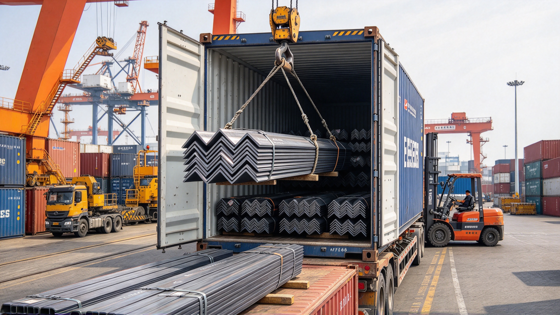 Gantry Crane Loading 40x40x3mm Equal Angle Steel Bundles into Shipping Container