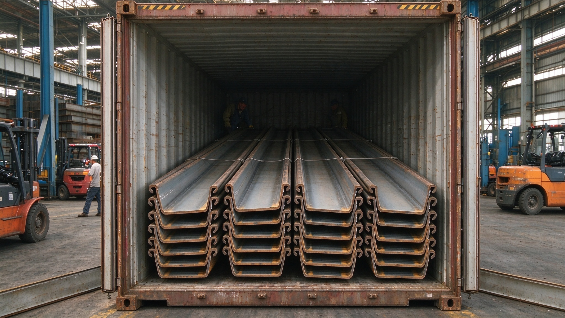 Reverse-Nested SP-III Steel Sheet Piles Loaded in Shipping Container for Ocean Freight