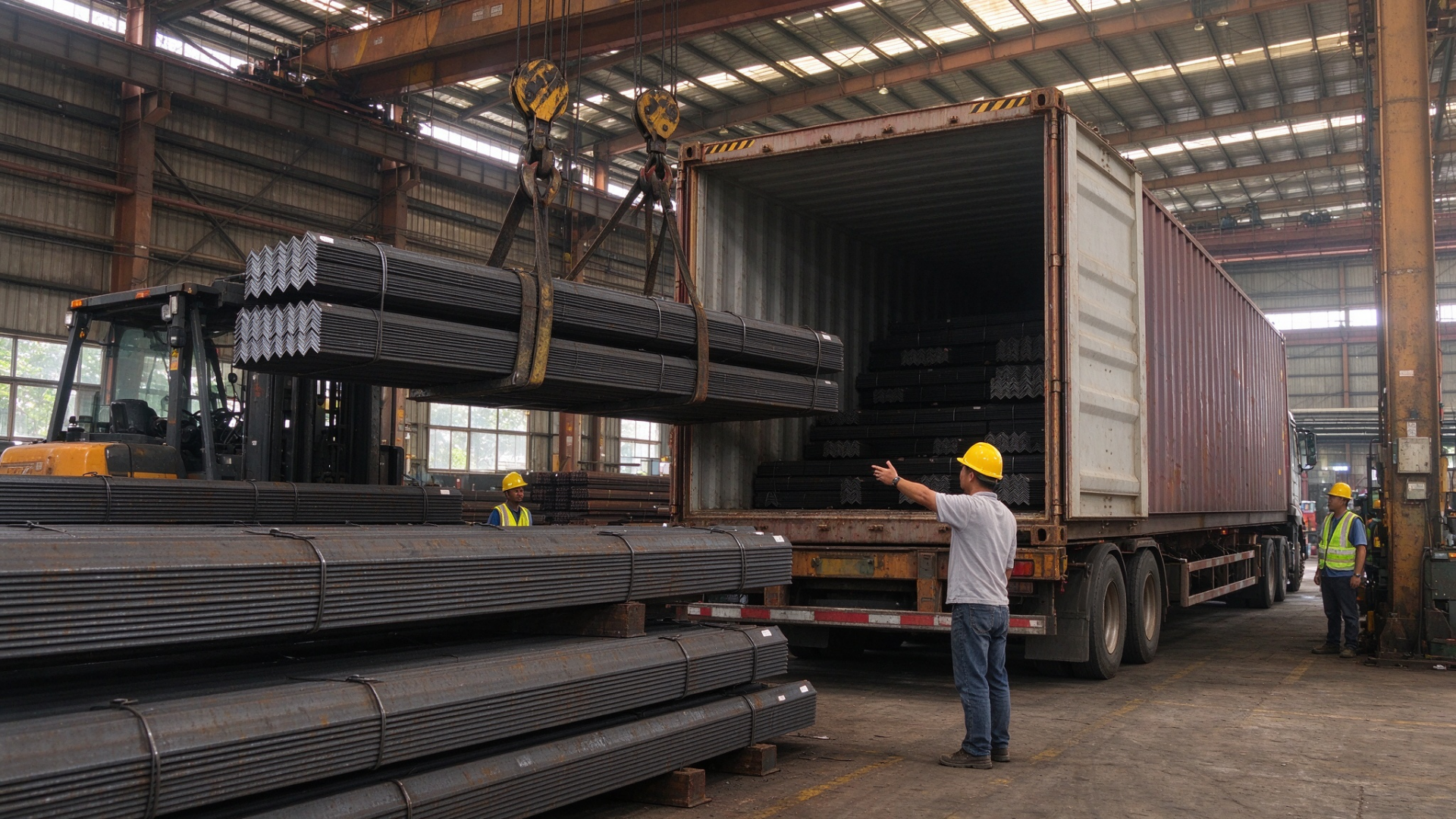 Overhead Crane Loading Bundled 63x63x6mm Equal Angle Steel into Shipping Container