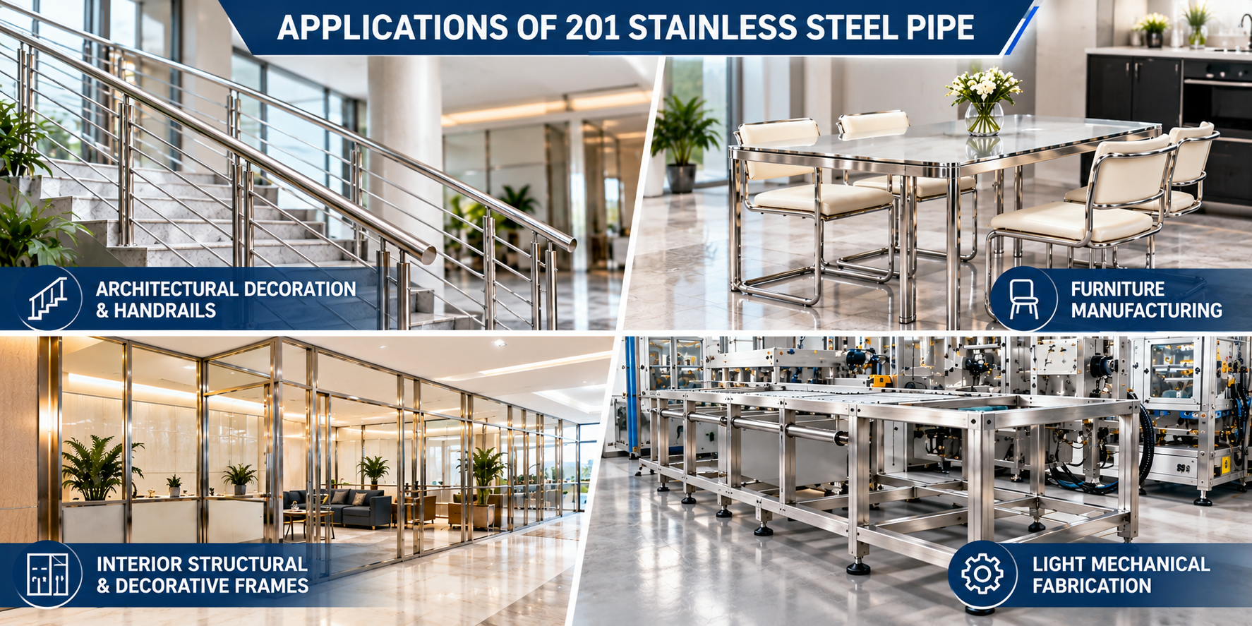 201 stainless steel pipe applications: handrails, furniture, interior frames and light mechanical fabrication
