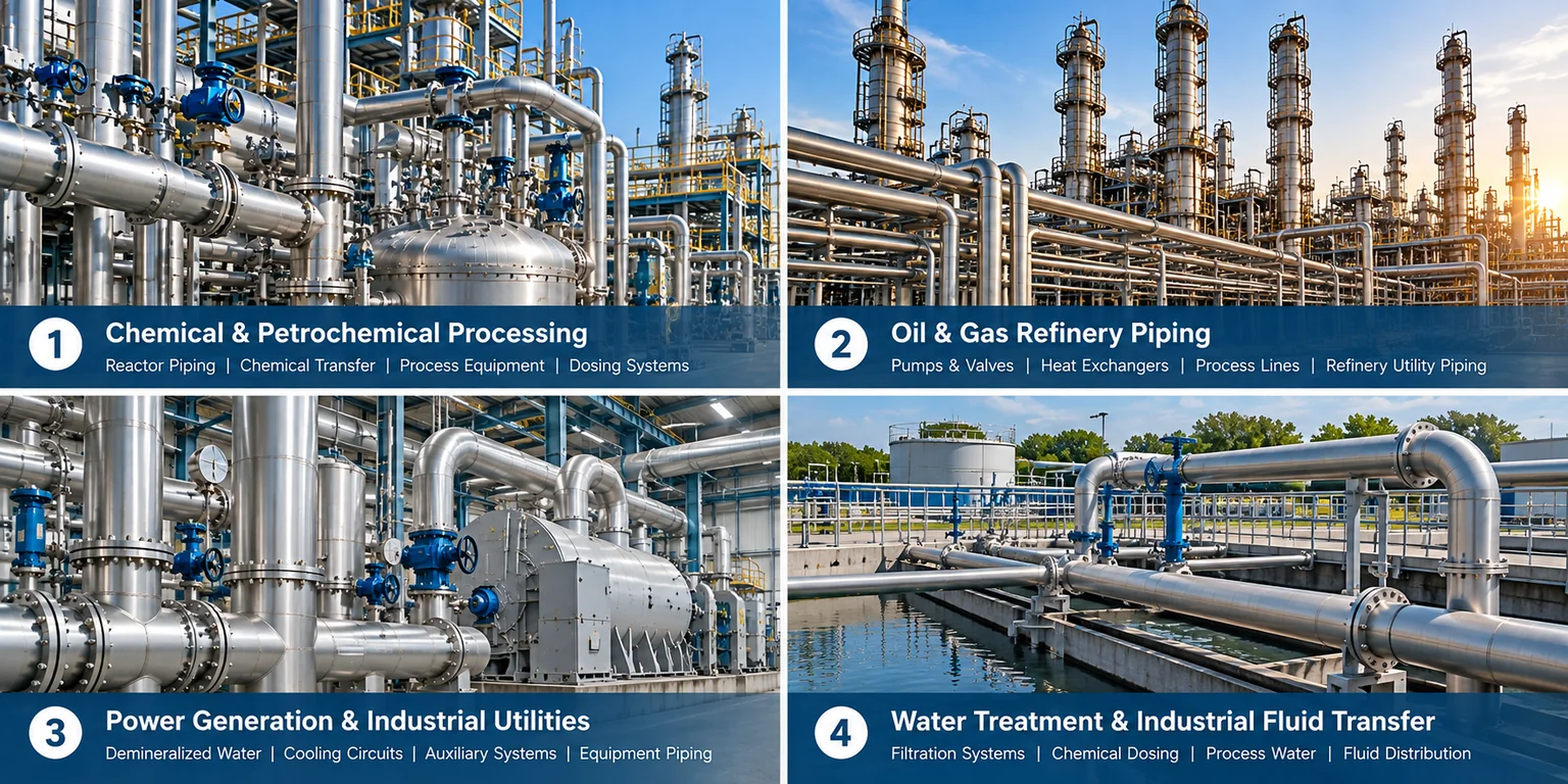 Schedule 40 stainless steel seamless pipe applications: chemical processing, refinery piping, power generation and water treatment